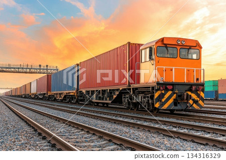 Global Cargo Transportation Concept Featuring Freight Train at Sunset Over Shipping Containers 134316329