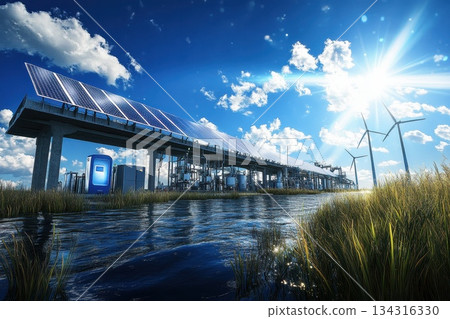 Clean Energy Sources Converging in a Bright Future with Solar Panels and Wind Turbines 134316330