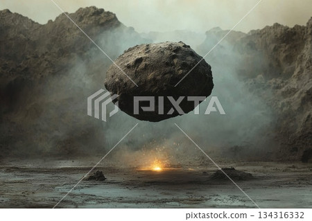 Glowing Futuristic Digital Coin Floating in Mid Air Above a Mysterious Terrain Glowing Futuristic Digital Coin Floating in Mid Air Above a Mysterious Terrain 134316332