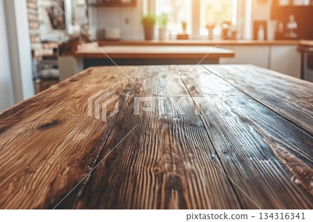 Modern Minimalist Wooden Countertop in Bright, Empty Kitchen Space with Natural Light 134316341
