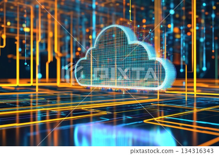 Futuristic Digital Rendering of Cloud Computing Ecosystem with Colorful Data Streams 134316343