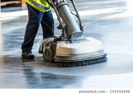 Worker in High Visibility Vest Operating Floor Cleaning Machine in Warehouse Setting 134316346