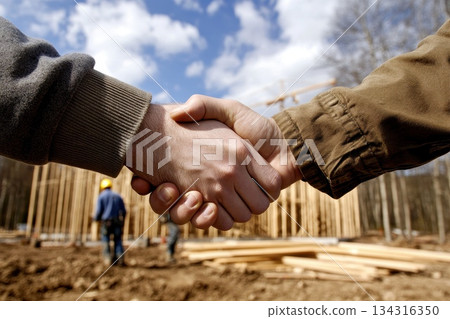 Handshake between architect and construction worker on building site under blue sky Handshake between architect and construction worker on building site under blue sky 134316350