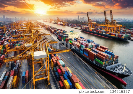 Busy Freight Transportation Hub with Cargo Trucks and Shipping Containers at Sunset Busy Freight Transportation Hub with Cargo Trucks and Shipping Containers at Sunset 134316357