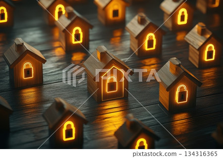 Smart Home Concept Featuring Wooden Houses Illuminated by Glowing Binary Code 134316365