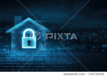 Cyber Landscape with Bright Neon Lock on Dark Digital House Background 134316381