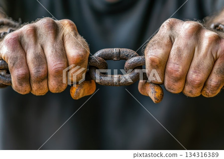 Close-Up of Hands Gripping Rusty Chains Symbolizing Struggle and Resilience Close-Up of Hands Gripping Rusty Chains Symbolizing Struggle and Resilience 134316389
