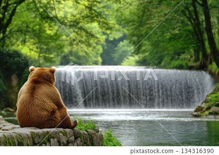 Bear Sitting by Waterfall in Serene Nature Setting with Lush Greenery Surroundings 134316390
