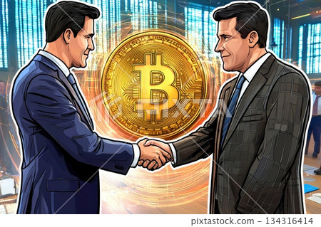 Business Executives Shaking Hands with Bitcoin Symbol Background in Modern Office Environment Business Executives Shaking Hands with Bitcoin Symbol Background in Modern Office Environment 134316414