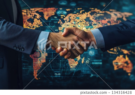 Handshake Between Two Business Leaders with Global Map Background for Collaboration Concept Handshake Between Two Business Leaders with Global Map Background for Collaboration Concept 134316428