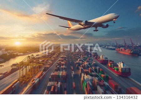 Global Logistics Network Visualization with Cargo Transportation and Shipping Routes in Sunset Global Logistics Network Visualization with Cargo Transportation and Shipping Routes in Sunset 134316432