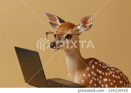 Noble Deer Wearing Refined Glasses Browsing on Laptop Against a Golden Background Noble Deer Wearing Refined Glasses Browsing on Laptop Against a Golden Background 134316438