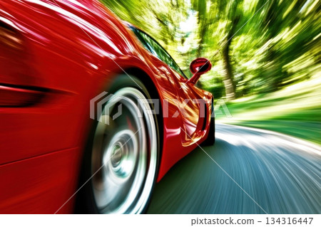 Close-Up of Spinning Car Wheel on Summer Road with Motion Blur Effect in Nature Scene Close-Up of Spinning Car Wheel on Summer Road with Motion Blur Effect in Nature Scene 134316447
