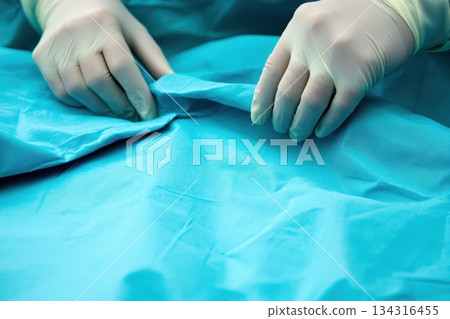 Close-Up of Surgeon Preparing Precise Incisions on Sterile Surgical Fabric 134316455