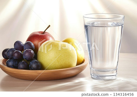 Fresh and Colorful Fruits on Wooden Plate with Glass of Water Illuminated by Light 134316456