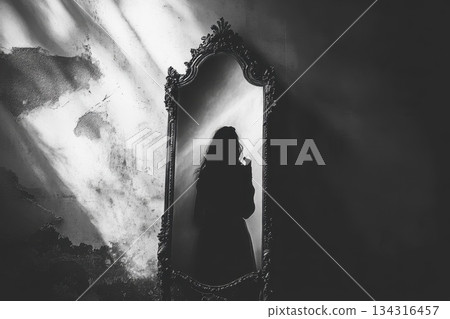 Woman Standing in Front of Mirror Reflecting A Mysterious Silhouette in Black and White 134316457