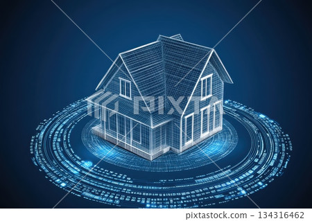 Digital Wireframe House Model in a Vortex of Data and Technology Visualization Digital Wireframe House Model in a Vortex of Data and Technology Visualization 134316462