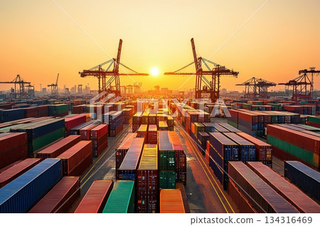 Sunrise Over Freight Transportation Hub with Cargo Containers and Cranes 134316469