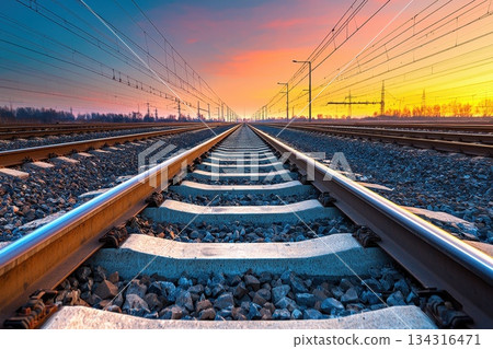 High-Speed Freight Train Moving Through Industrial Landscape at Sunrise High-Speed Freight Train Moving Through Industrial Landscape at Sunrise 134316471