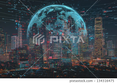 Futuristic Digital City with Glowing Globe and Data Overlay Concept at Night 134316475