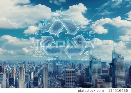 Digital Conceptual Representation of Recycling Over a Modern Cityscape with Blue Sky Digital Conceptual Representation of Recycling Over a Modern Cityscape with Blue Sky 134316486