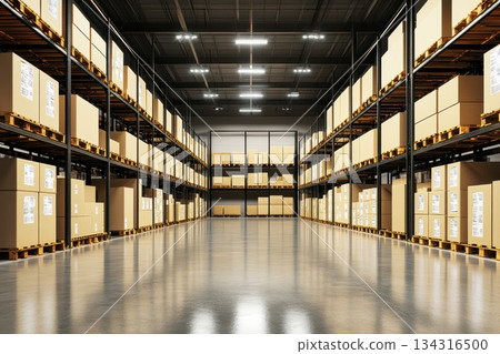 Modern Warehouse Interior with Automated Conveyor Belts for Efficient Logistics Operations 134316500
