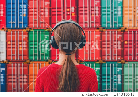 Logistician with Headset Engaged in Remote Trade Against Colorful Container Background 134316515