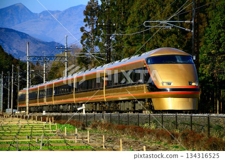 黃金特快列車沿著鬼怒川道路行駛…在晴朗的冬日,特快列車Spacia平穩地駛過倉崎SL廣場。 黃金特快列車沿著鬼怒川道路行駛…在晴朗的冬日,特快列車Spacia平穩地駛過倉崎SL廣場。 134316525