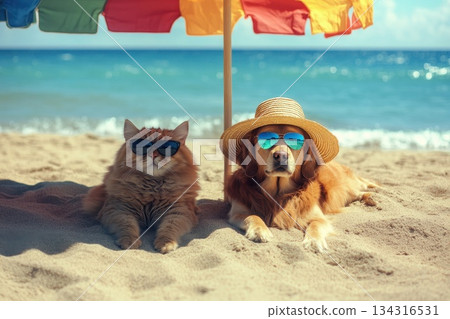 Fluffy Cat and Happy Dog Relax Under Beach Umbrella with Sunglasses on a Sunny Day 134316531