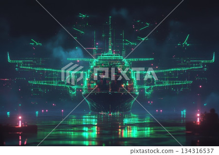 High-tech Logistics Scene Featuring Pixelated Digital Ship in Neon Aesthetic Environment High-tech Logistics Scene Featuring Pixelated Digital Ship in Neon Aesthetic Environment 134316537