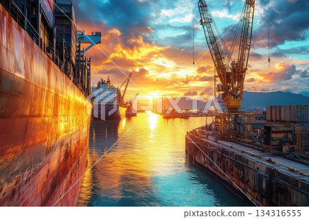 Wide Angle View of a Bustling Shipping Port at Sunset with Cranes and Ships 134316555