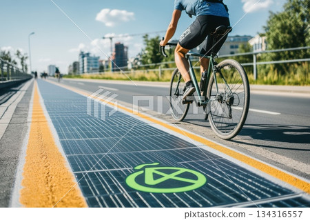Cyclist Riding on Dedicated Solar Powered Bike Lane in Urban Environment 134316557