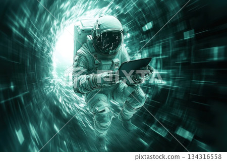 Cybernetic Astronaut Exploring a Wormhole in a Futuristic Digital Universe Cybernetic Astronaut Exploring a Wormhole in a Futuristic Digital Universe 134316558