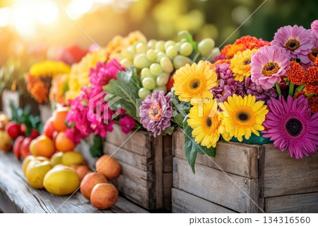 Vibrant and Colorful Flowers at Farmers Market Wooden Stall with Fresh Produce Vibrant and Colorful Flowers at Farmers Market Wooden Stall with Fresh Produce 134316560
