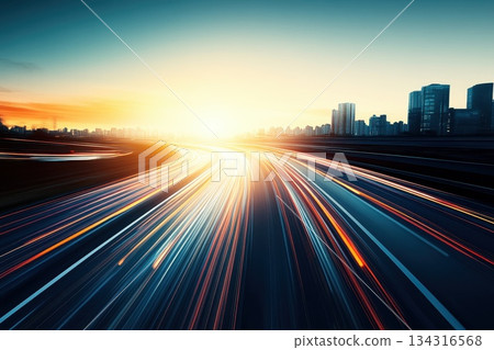 Panoramic View of Futuristic Skyline Under a Vibrant Sunset with Light Trails Panoramic View of Futuristic Skyline Under a Vibrant Sunset with Light Trails 134316568