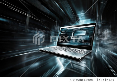 High-Tech Laptop Displaying Secure Payment Gateway with Futuristic Background 134316585