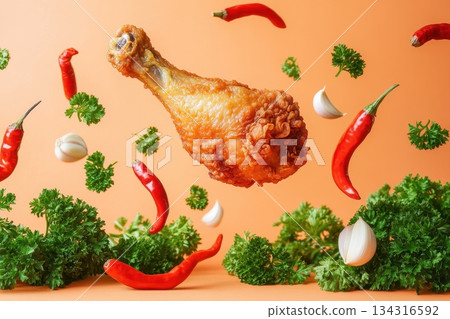 Crispy Golden Fried Chicken Drumstick Hovering Surrounded by Fresh Herbs and Chili Peppers 134316592