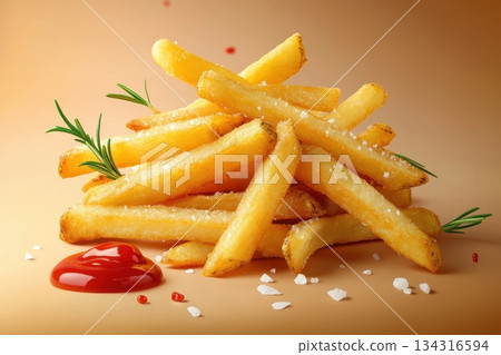 Stack of Golden Crispy French Fries with Ketchup and Herbs on a Light Background Stack of Golden Crispy French Fries with Ketchup and Herbs on a Light Background 134316594