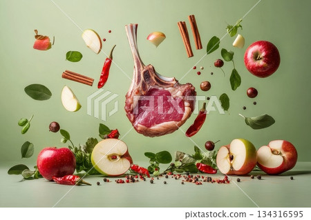 Tender Pork Chop Suspended in Air Surrounded by Fresh Ingredients and Spices Tender Pork Chop Suspended in Air Surrounded by Fresh Ingredients and Spices 134316595