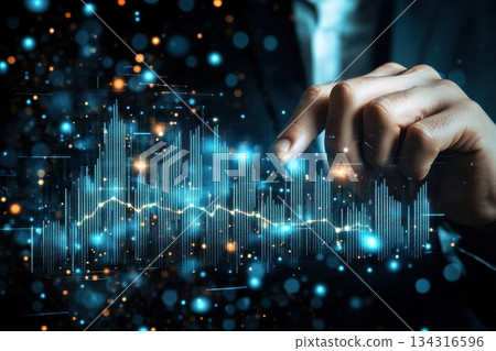Close-Up of Businessman's Hand Tapping Holographic Graph on Dark Background Close-Up of Businessman's Hand Tapping Holographic Graph on Dark Background 134316596