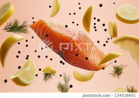 Grilled Salmon Fillet with Fresh Lemons and Dill Floating on a Soft Pink Background 134316601