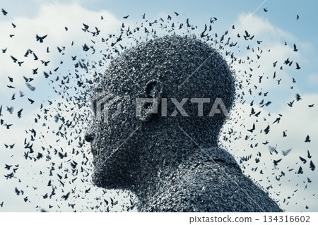 Surreal Digital Interpretation of Human Burnout with Abstract Figure and Birds Surreal Digital Interpretation of Human Burnout with Abstract Figure and Birds 134316602