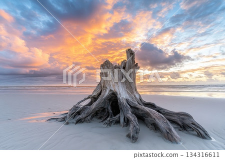 Natural Driftwood Podium Placed on Serene Beach at Sunset with Dynamic Sky and Clouds 134316611
