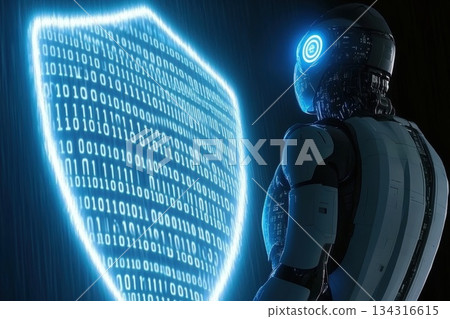 Futuristic humanoid robot standing in front of glowing binary shield technology visualization 134316615