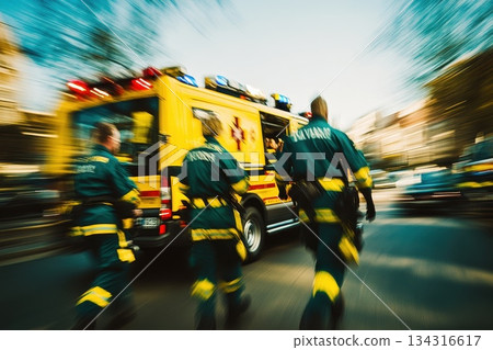 Paramedics in Bright Uniforms Rushing Towards an Ambulance on Urban Street Scene 134316617