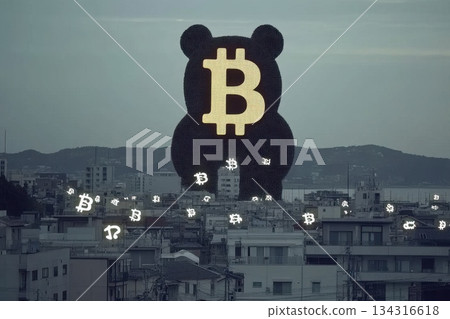 Towering Bear-Shaped Hologram Illuminating a Cityscape at Dusk Towering Bear-Shaped Hologram Illuminating a Cityscape at Dusk 134316618