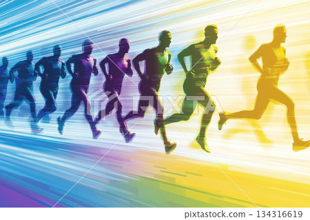 Dynamic Modern Marathon Runners in Motion with Bright Colorful Background Design 134316619