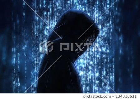 Dark Cyber Themed Illustration of a Digital Hacker Amidst Glowing Binary Code Background Dark Cyber Themed Illustration of a Digital Hacker Amidst Glowing Binary Code Background 134316631
