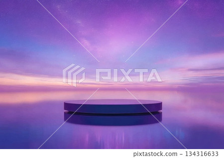 Futuristic Levitating Platform Podium Against Colorful Cosmic Sky and Calm Water Surface Futuristic Levitating Platform Podium Against Colorful Cosmic Sky and Calm Water Surface 134316633