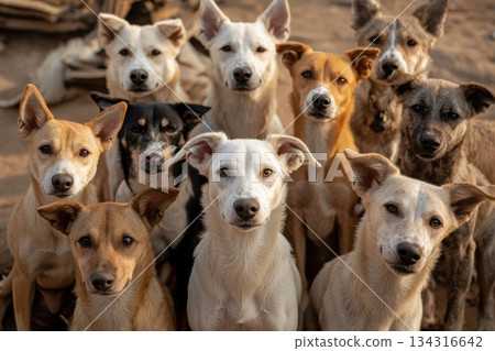 Diverse Group of Happy Stray Dogs Standing Together in a Natural Outdoor Setting 134316642